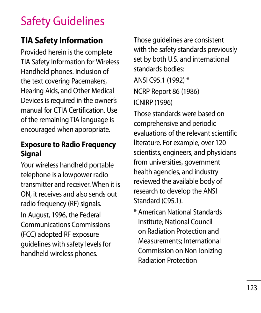 LG Electronics GR500R manual Safety Guidelines, TIA Safety Information, Exposure to Radio Frequency Signal, 123 