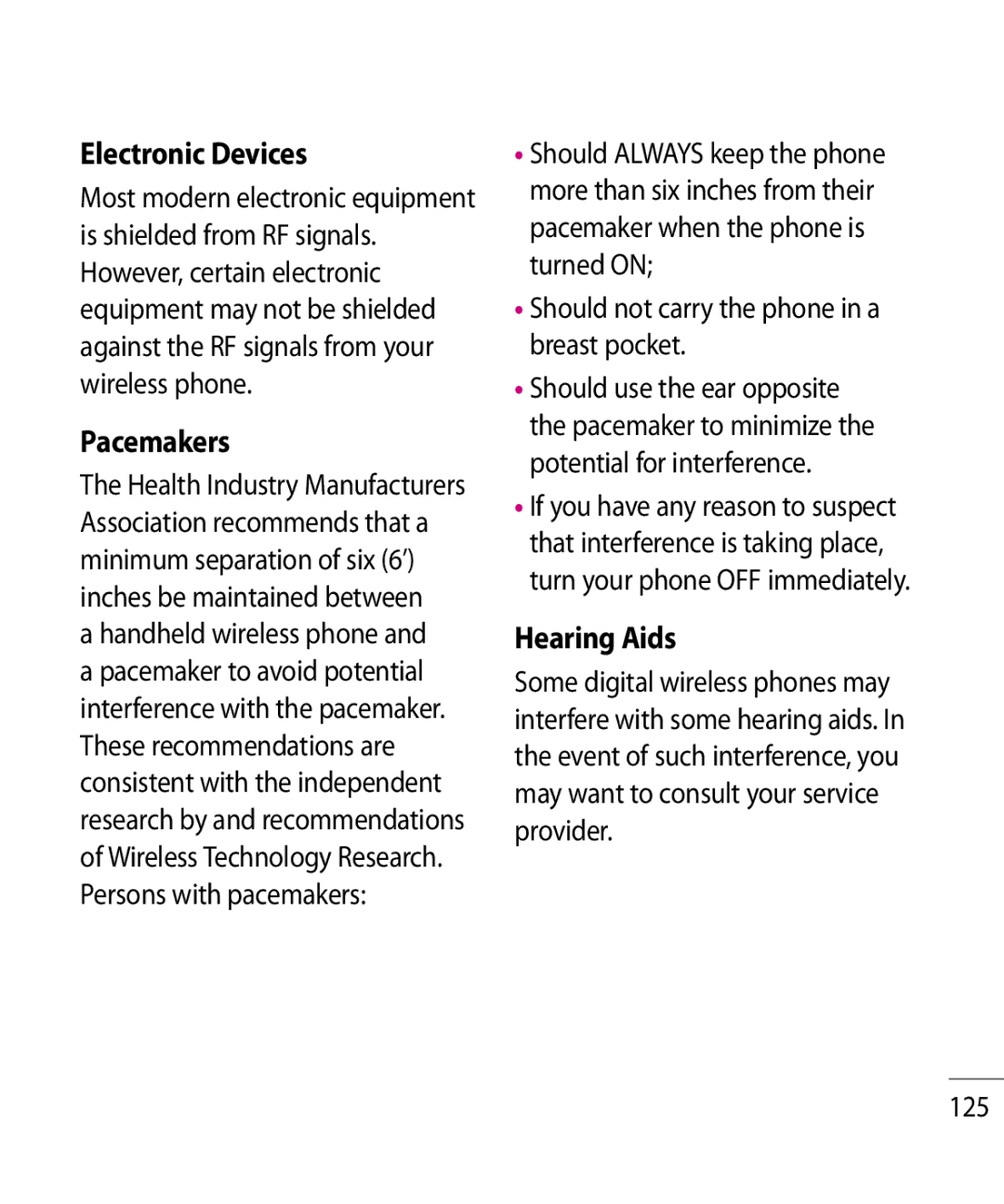 LG Electronics GR500R manual Electronic Devices, Pacemakers, Hearing Aids, 125 