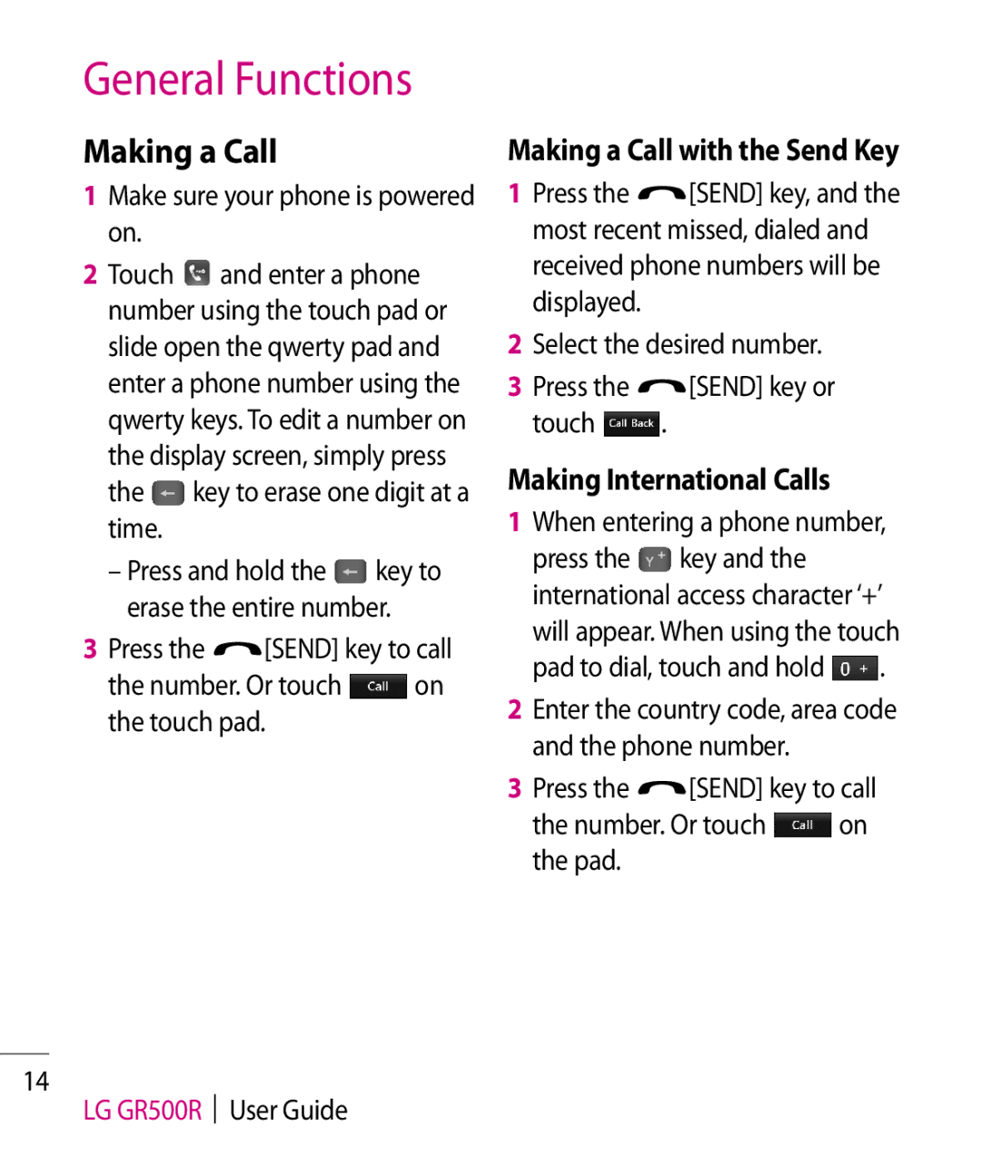 LG Electronics GR500R manual General Functions, Making a Call with the Send Key, Making International Calls 