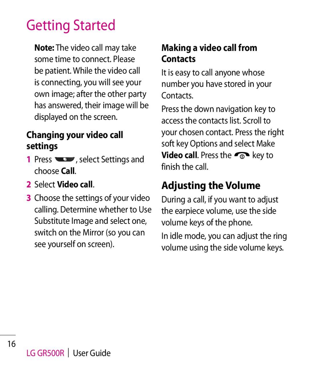 LG Electronics GR500R manual Adjusting the Volume, Changing your video call settings, Making a video call from Contacts 