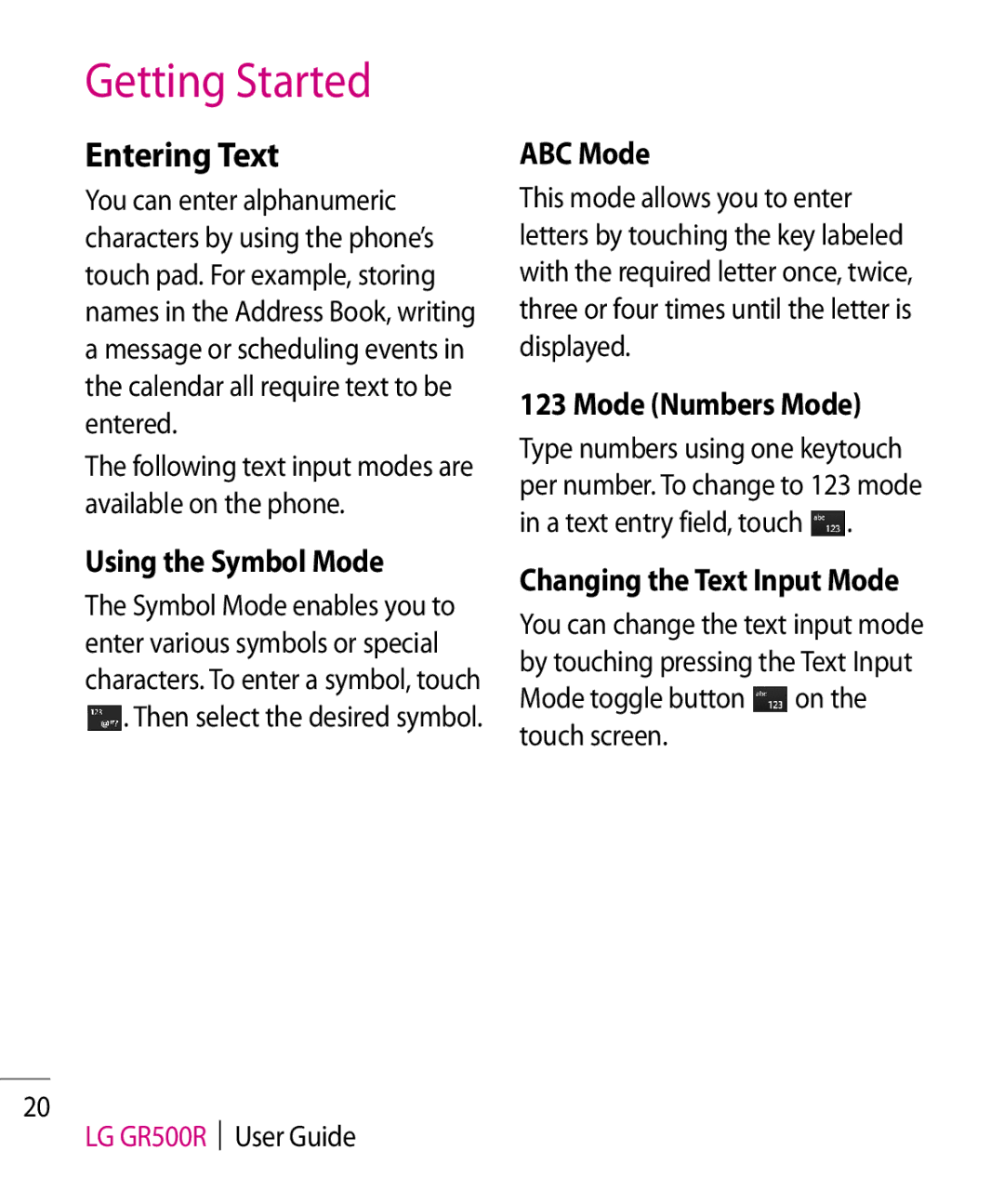 LG Electronics GR500R Entering Text, Using the Symbol Mode, ABC Mode, Mode Numbers Mode, Changing the Text Input Mode 