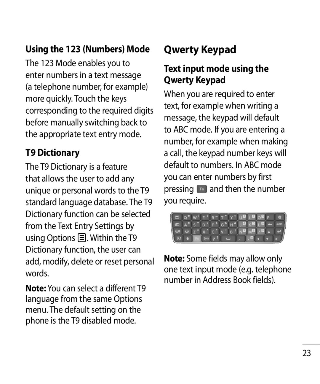 LG Electronics GR500R manual T9 Dictionary, Text input mode using the Qwerty Keypad 