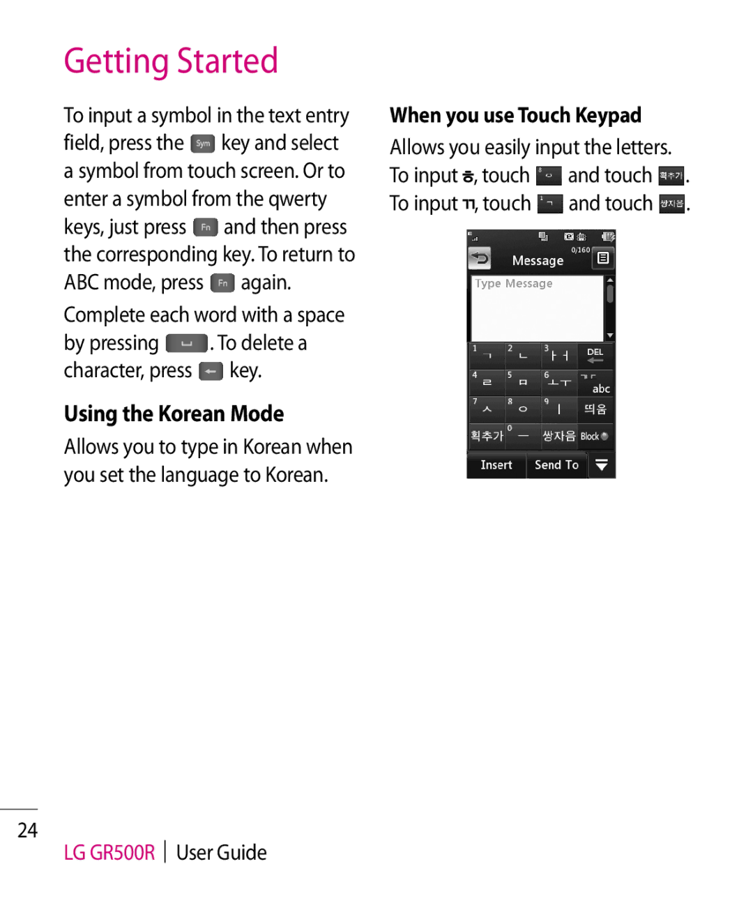 LG Electronics GR500R manual Using the Korean Mode, When you use Touch Keypad 