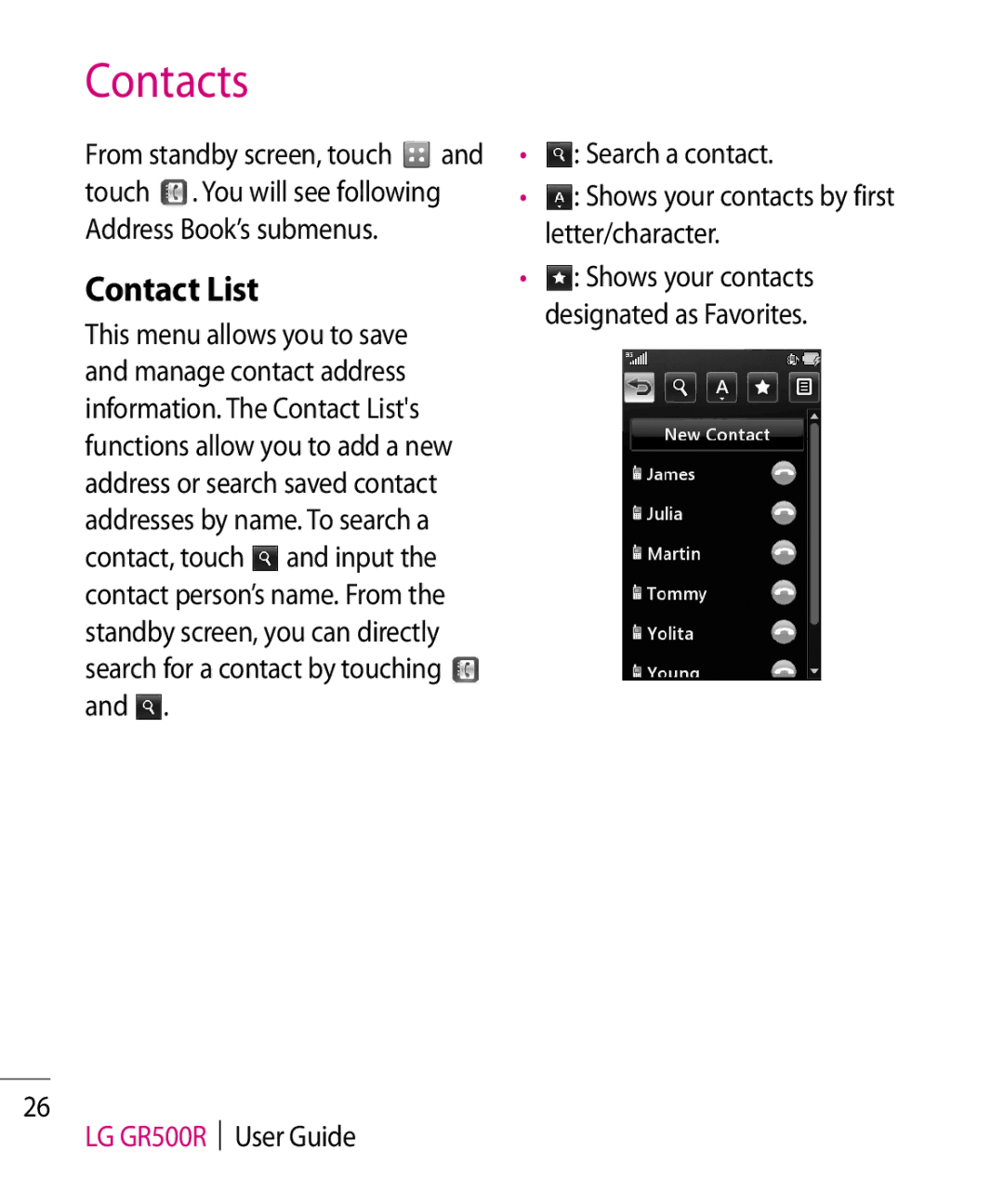 LG Electronics GR500R manual Contacts, Contact List 