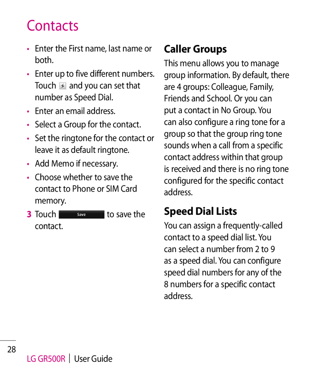 LG Electronics GR500R manual Caller Groups, Speed Dial Lists, Enter the First name, last name or both 