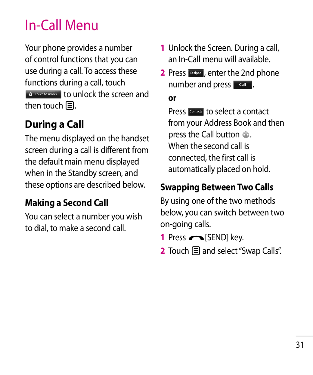 LG Electronics GR500R manual In-Call Menu, During a Call, Making a Second Call, Swapping Between Two Calls 