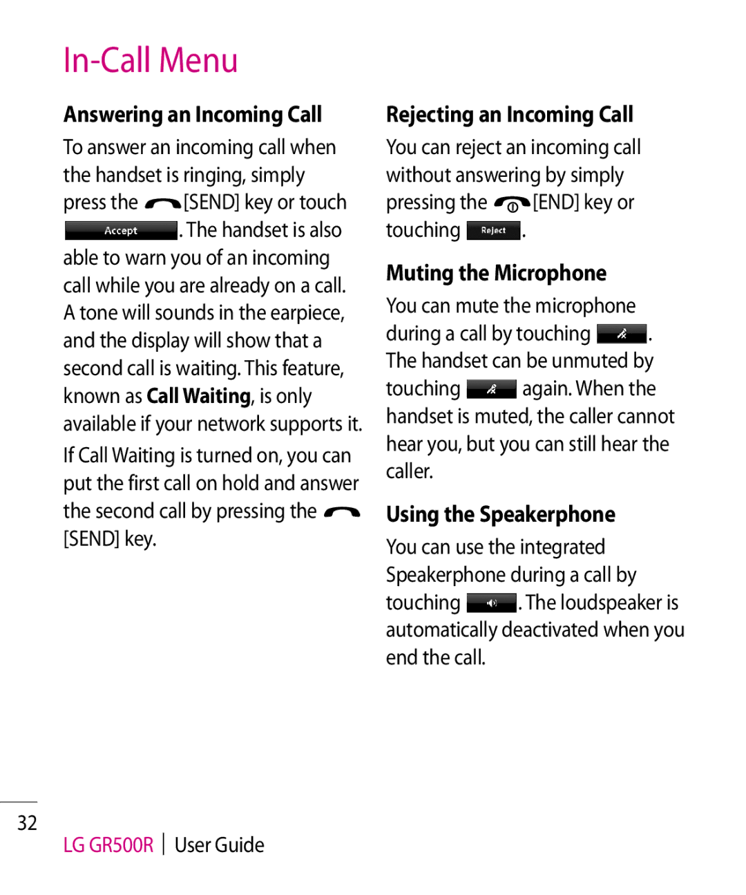 LG Electronics GR500R manual Answering an Incoming Call, Rejecting an Incoming Call, Muting the Microphone 