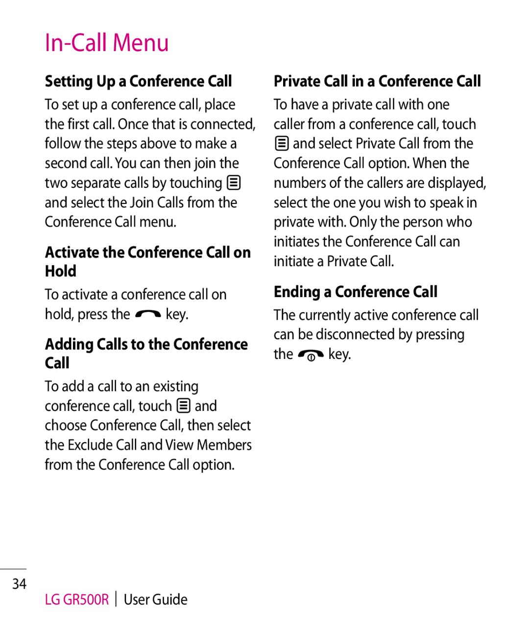 LG Electronics GR500R manual Setting Up a Conference Call, Activate the Conference Call on Hold, Ending a Conference Call 