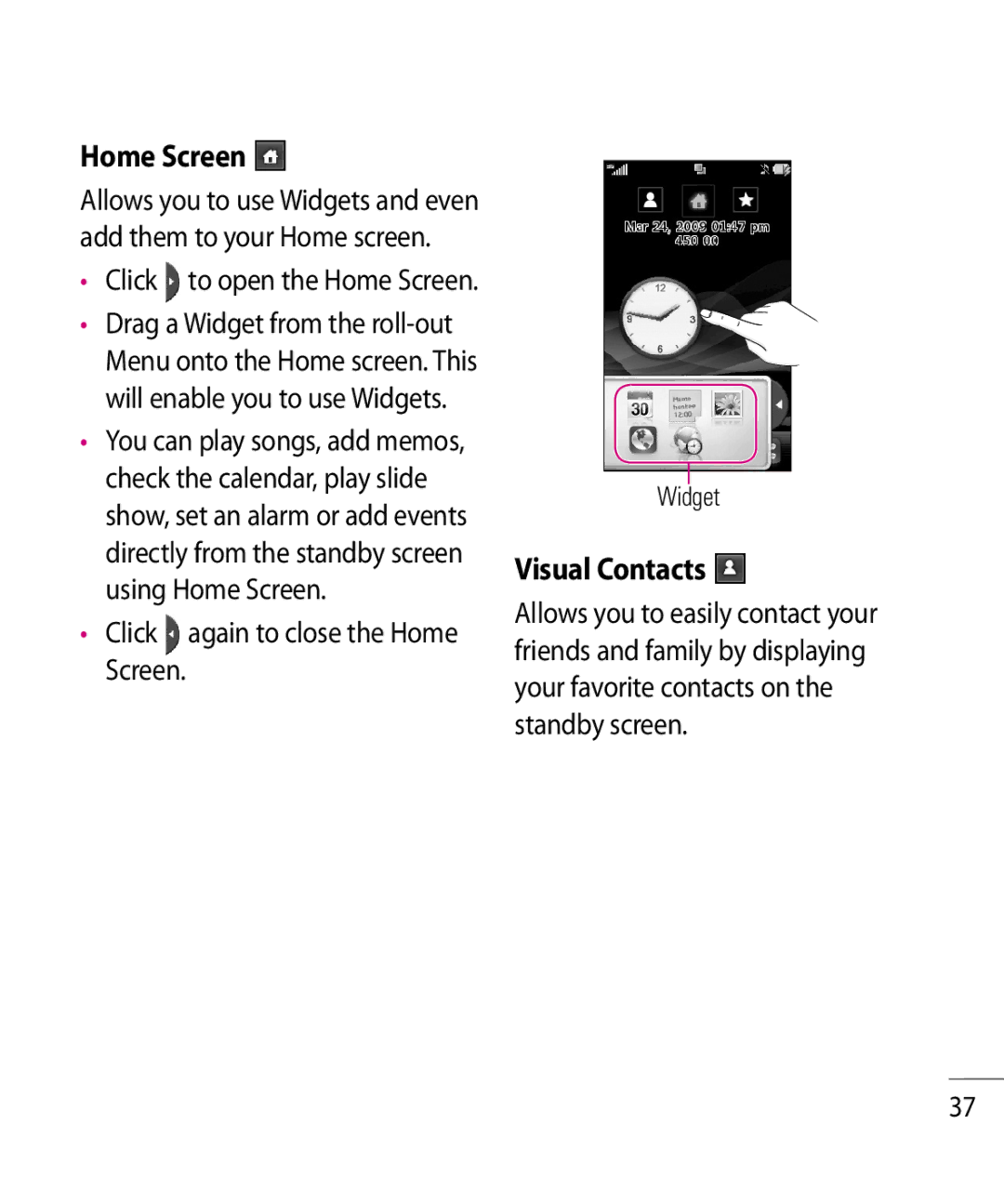 LG Electronics GR500R manual Visual Contacts, Click again to close the Home Screen 