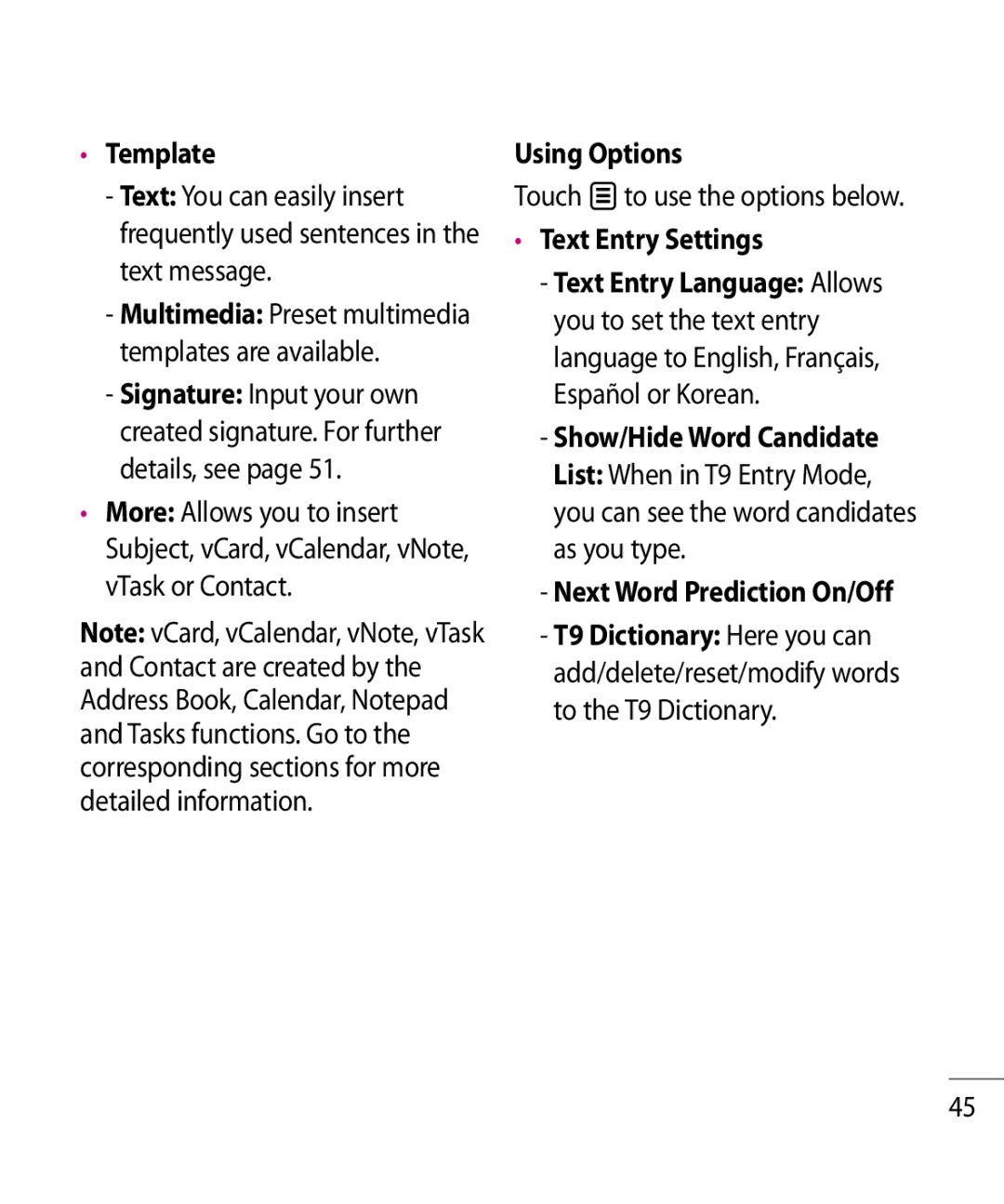 LG Electronics GR500R manual Template, Using Options, Touch to use the options below, Text Entry Settings 