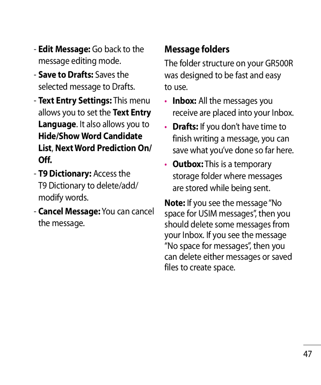 LG Electronics GR500R manual Message folders, Off T9 Dictionary Access, Cancel Message You can cancel the message 