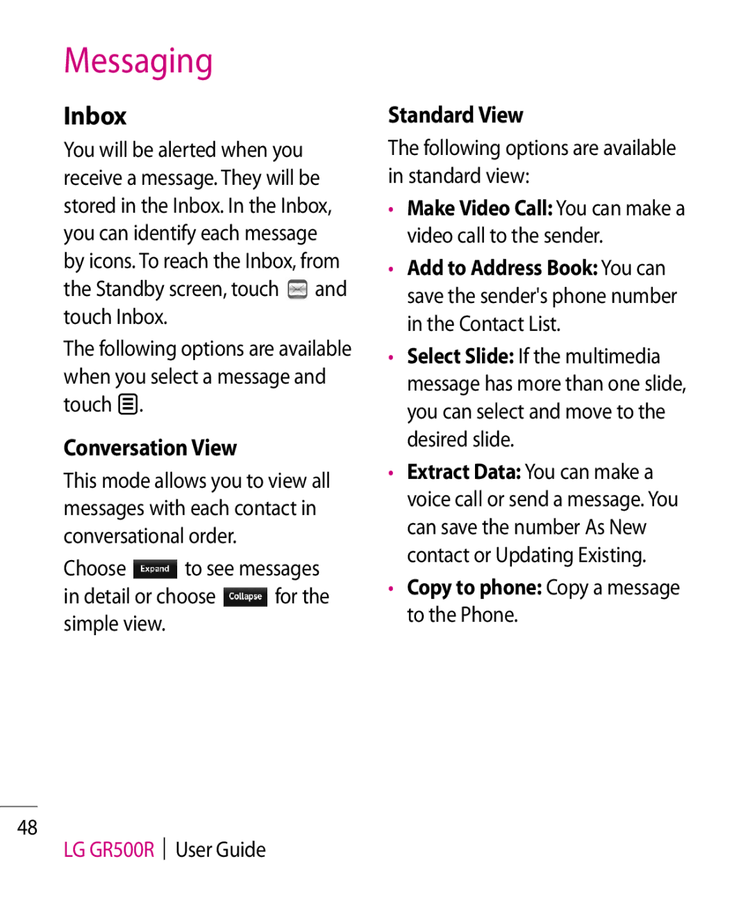 LG Electronics GR500R manual Inbox, Conversation View, Standard View, Following options are available in standard view 