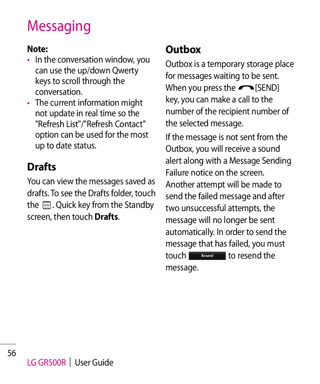 LG Electronics GR500R manual Drafts, Outbox, Touch to resend the message 