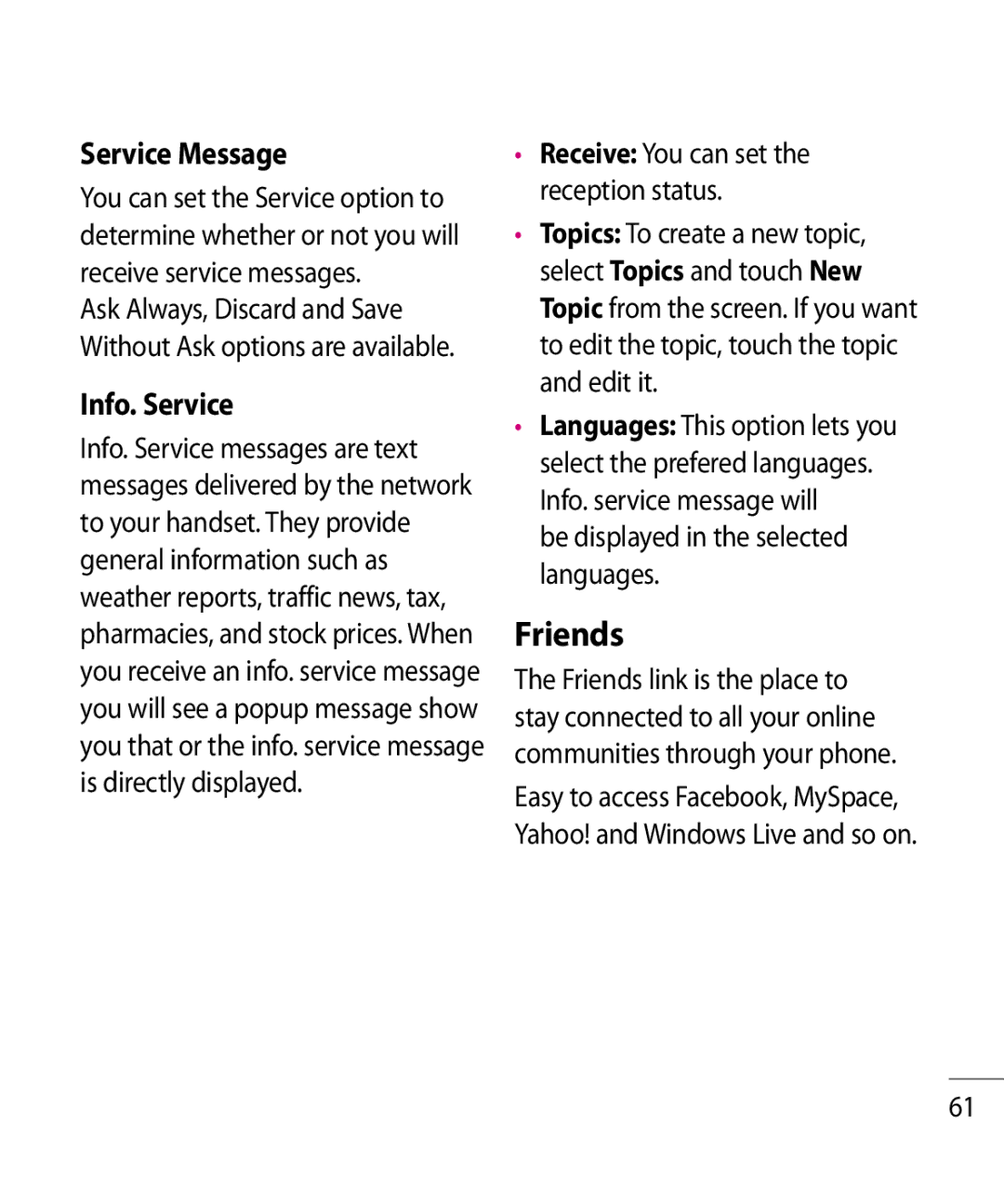 LG Electronics GR500R manual Friends, Service Message, Info. Service, Be displayed in the selected languages 