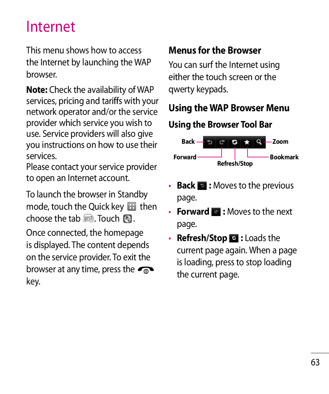 LG Electronics GR500R manual Internet, Menus for the Browser, Using the WAP Browser Menu, Using the Browser Tool Bar 