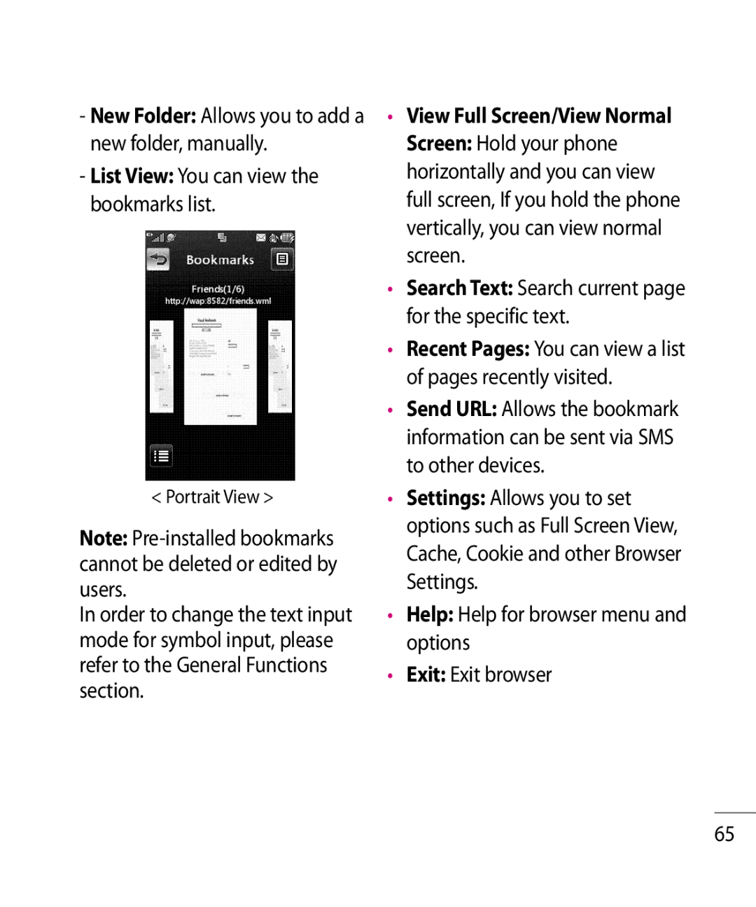 LG Electronics GR500R New Folder Allows you to add a new folder, manually, List View You can view the bookmarks list 