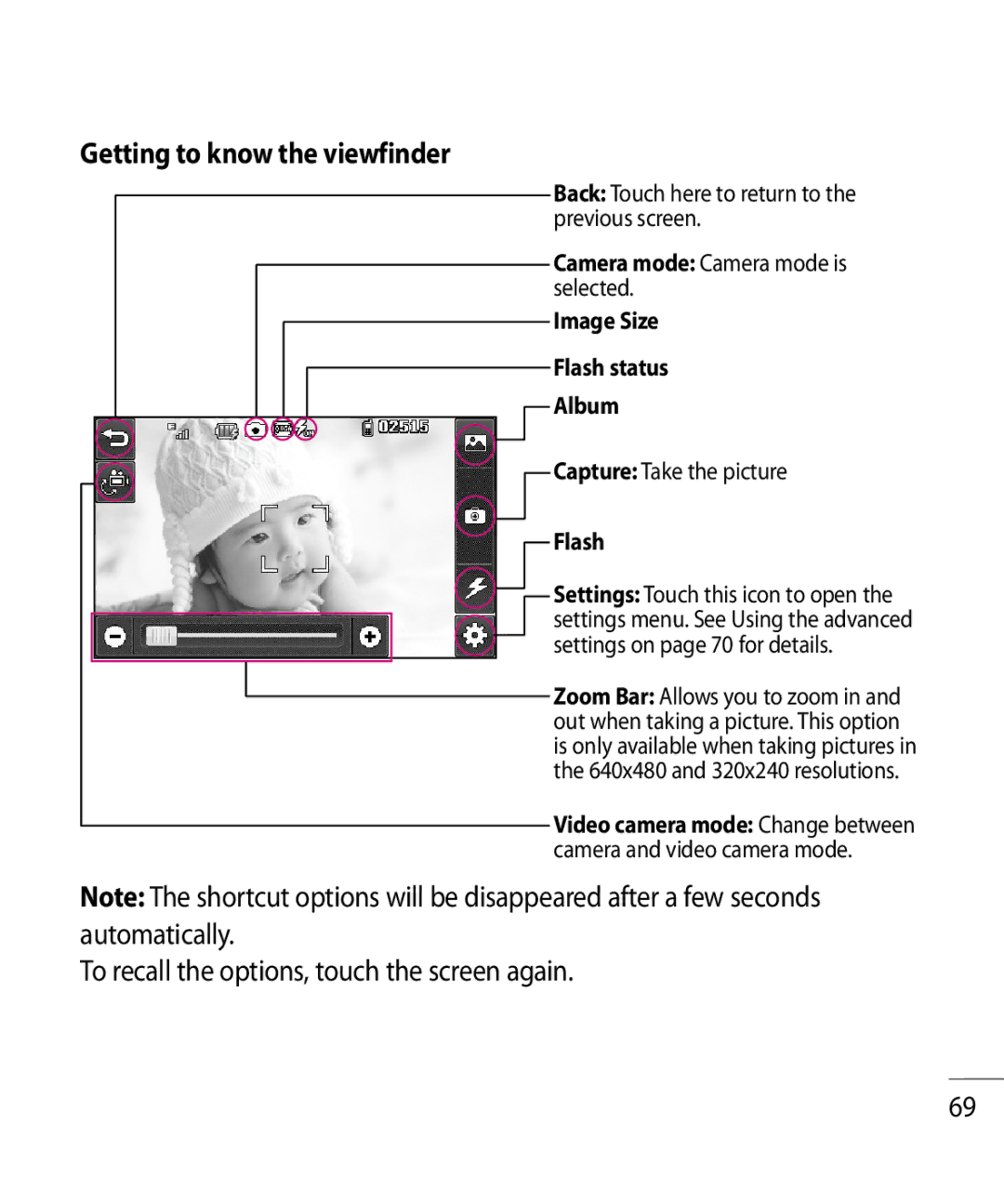 LG Electronics GR500R manual Getting to know the viewfinder, To recall the options, touch the screen again 