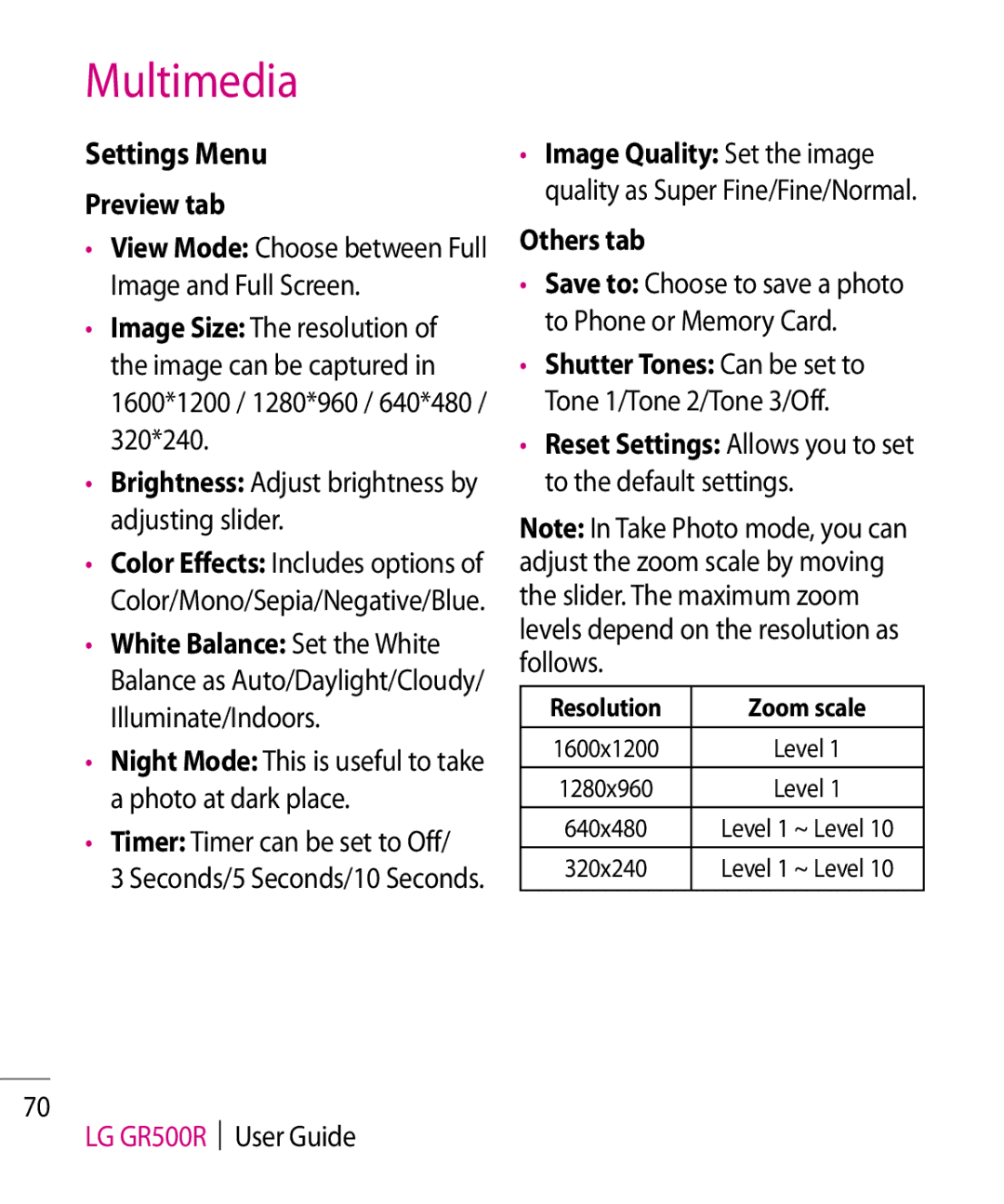 LG Electronics GR500R Settings Menu, Preview tab, Others tab, Reset Settings Allows you to set to the default settings 