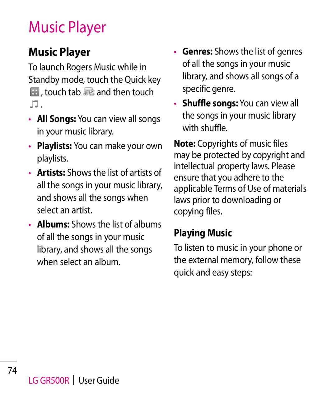LG Electronics GR500R manual Music Player, Playing Music 