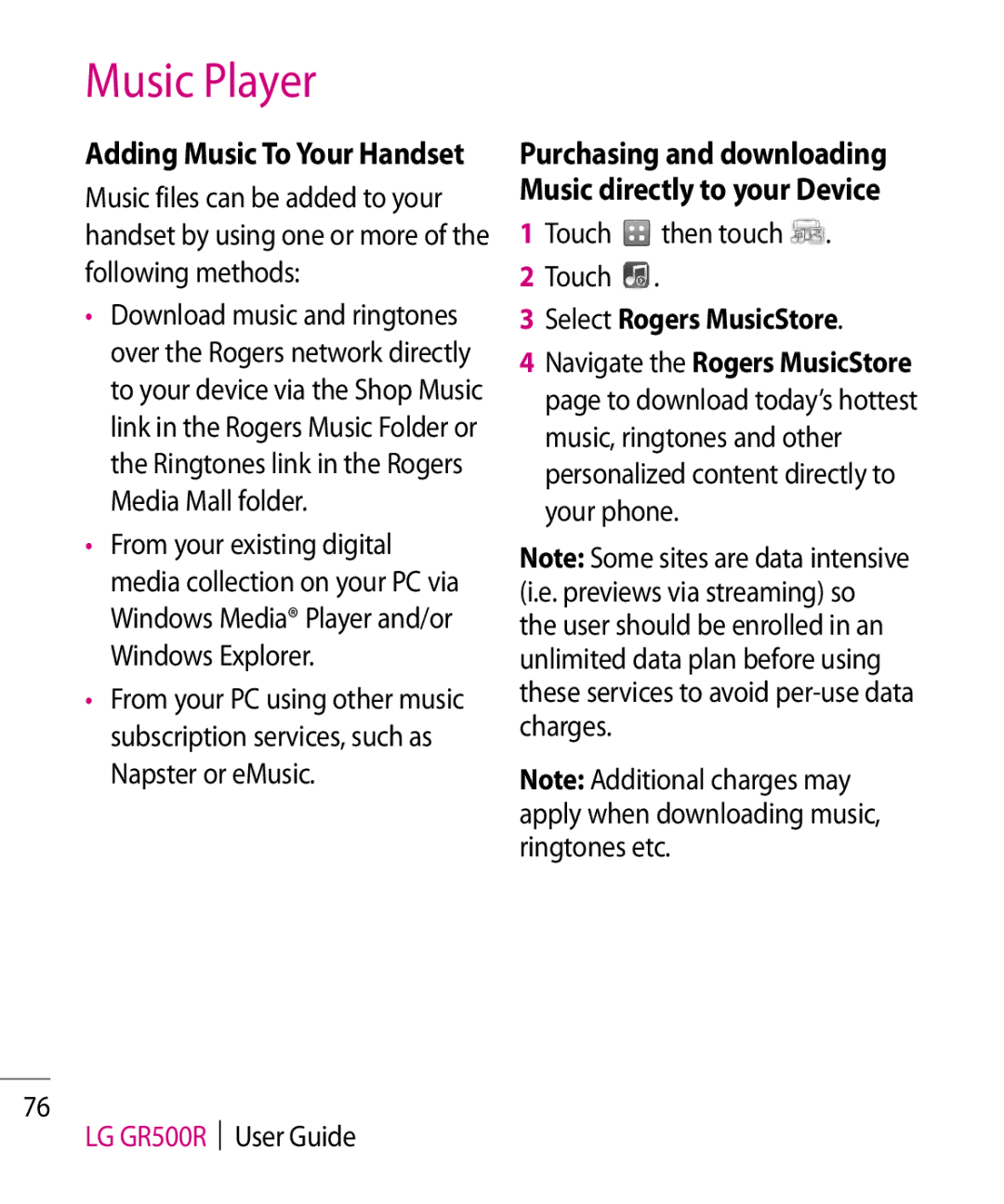 LG Electronics GR500R manual Touch then touch, Select Rogers MusicStore 
