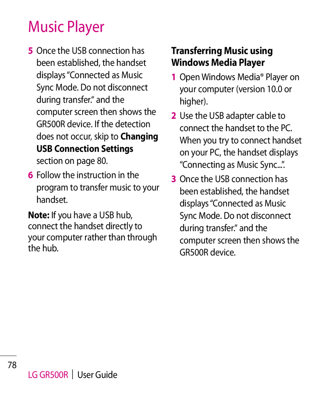 LG Electronics GR500R manual Transferring Music using Windows Media Player 