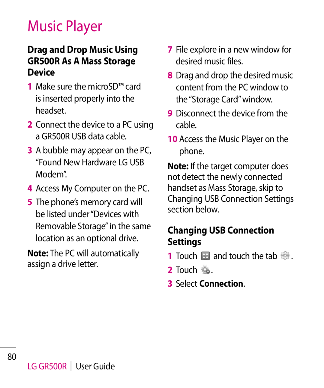 LG Electronics manual Drag and Drop Music Using GR500R As a Mass Storage Device, Changing USB Connection Settings 