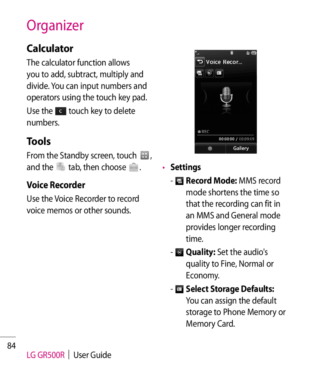 LG Electronics GR500R manual Calculator, Tools, Voice Recorder, Use the touch key to delete numbers 