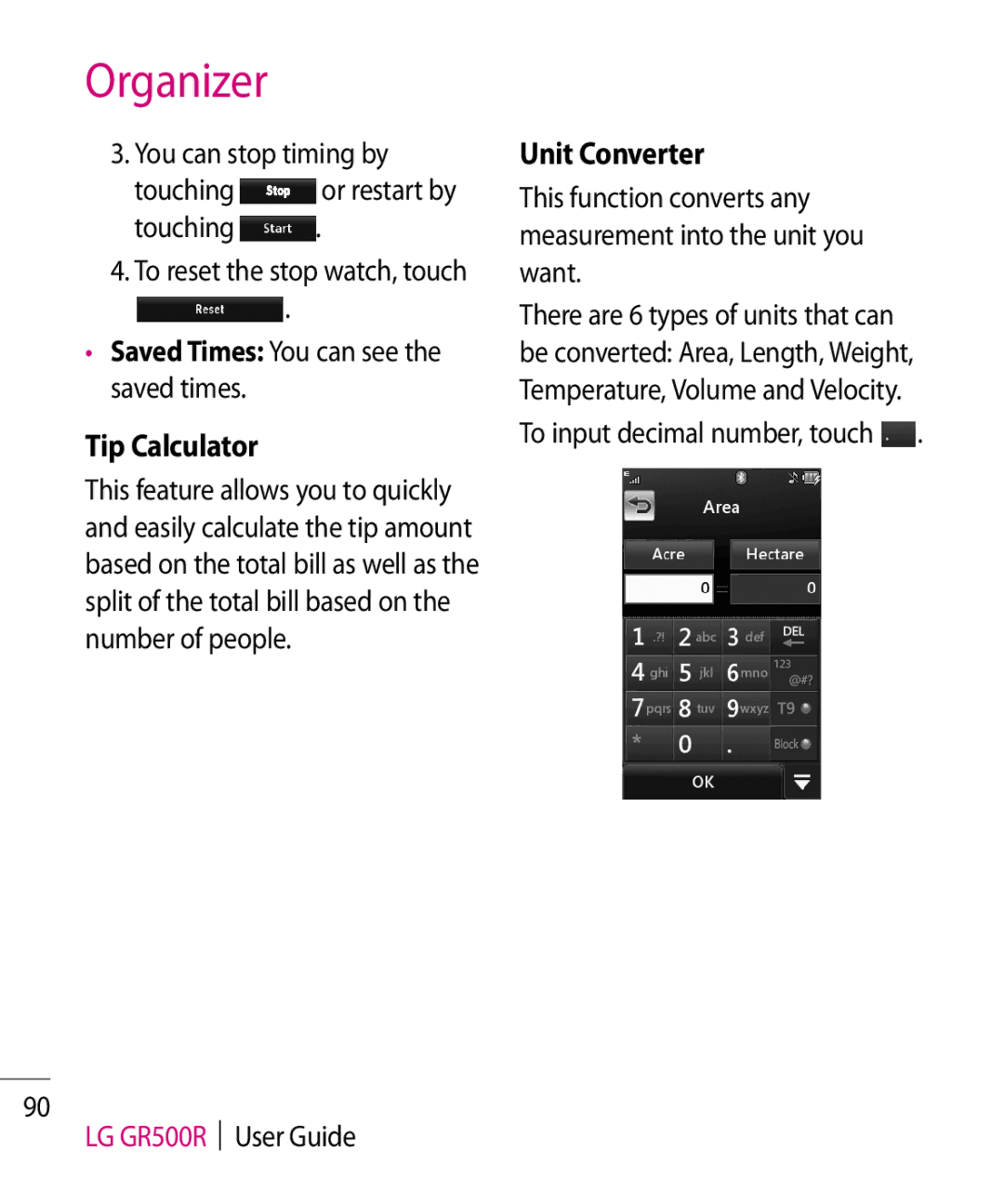 LG Electronics GR500R manual Tip Calculator, Unit Converter, You can stop timing by Touching or restart by 