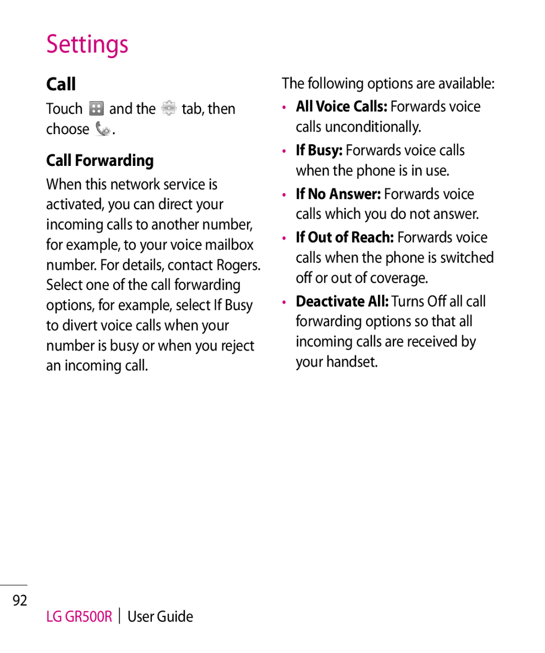 LG Electronics manual Settings, Call Forwarding, LG GR500R User Guide Following options are available 