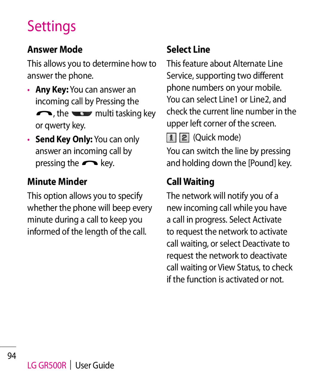 LG Electronics GR500R manual Answer Mode, Select Line, Minute Minder, Call Waiting, Pressing the key 