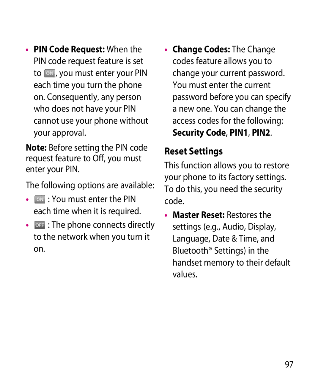 LG Electronics GR501 manual Reset Settings, Phone connects directly to the network when you turn it on 