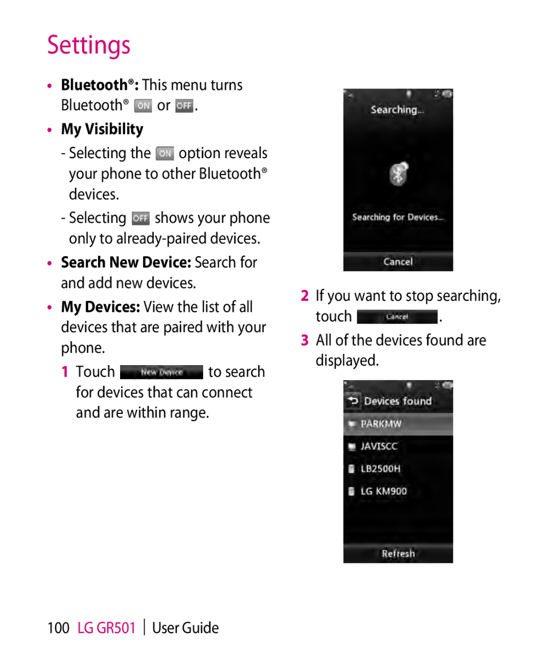 LG Electronics GR501 manual Bluetooth This menu turns Bluetooth or My Visibility 