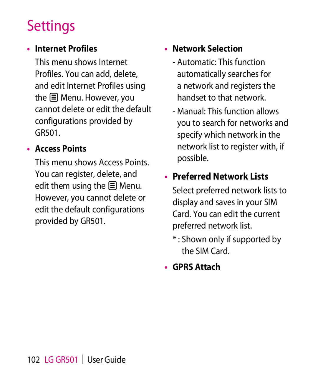 LG Electronics GR501 manual Preferred Network Lists, Internet Profiles, Access Points, Network Selection, Gprs Attach 