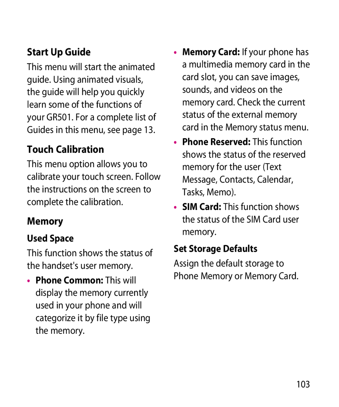 LG Electronics GR501 manual Start Up Guide, Touch Calibration, Memory, Used Space, Set Storage Defaults 