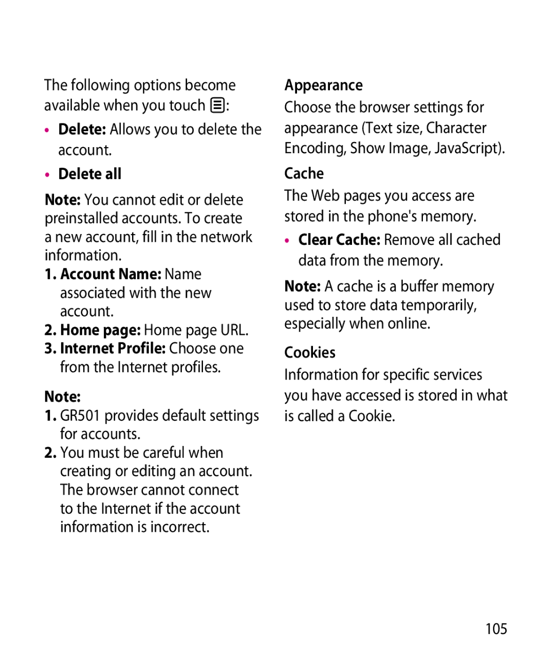 LG Electronics GR501 manual Appearance, Cache, Cookies 