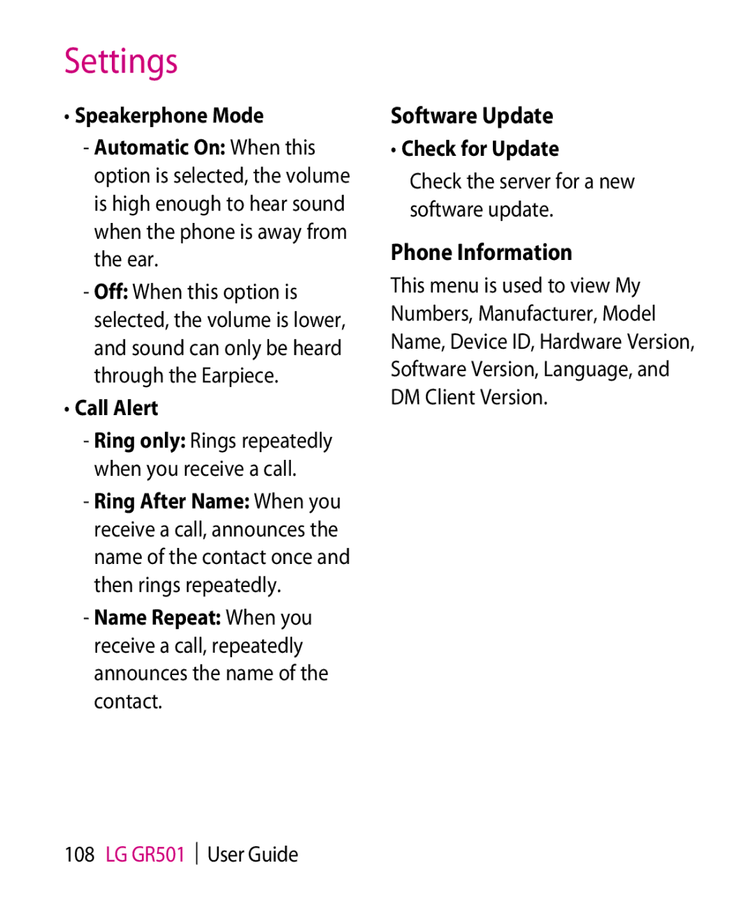 LG Electronics GR501 manual Software Update, Phone Information, Speakerphone Mode, Call Alert, Check for Update 