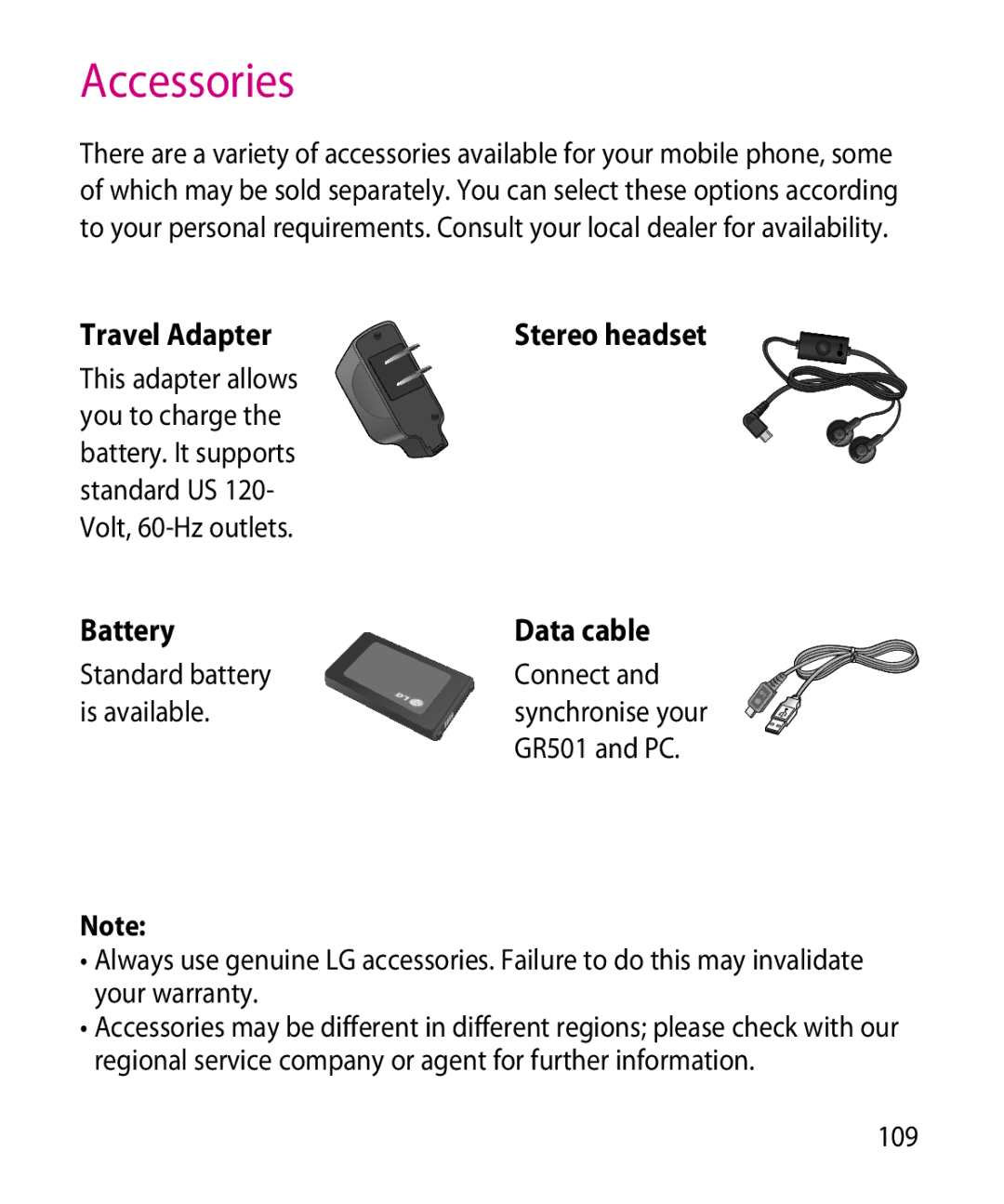 LG Electronics GR501 manual Accessories, Travel Adapter, Battery Data cable, Standard battery Connect Is available, 109 