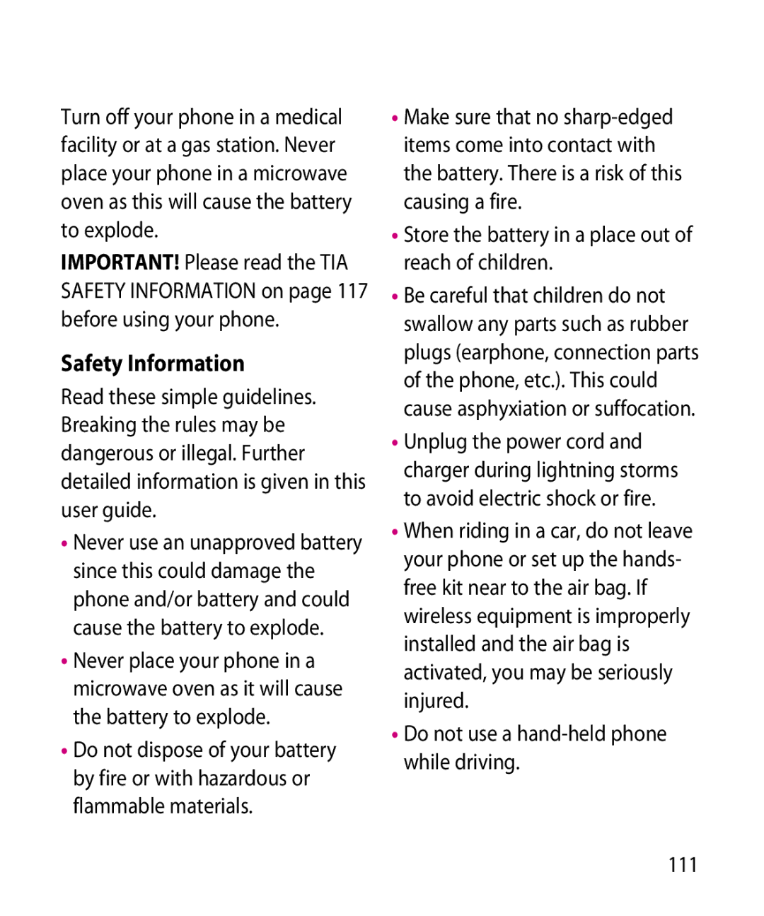 LG Electronics GR501 manual Safety Information, Store the battery in a place out of reach of children 