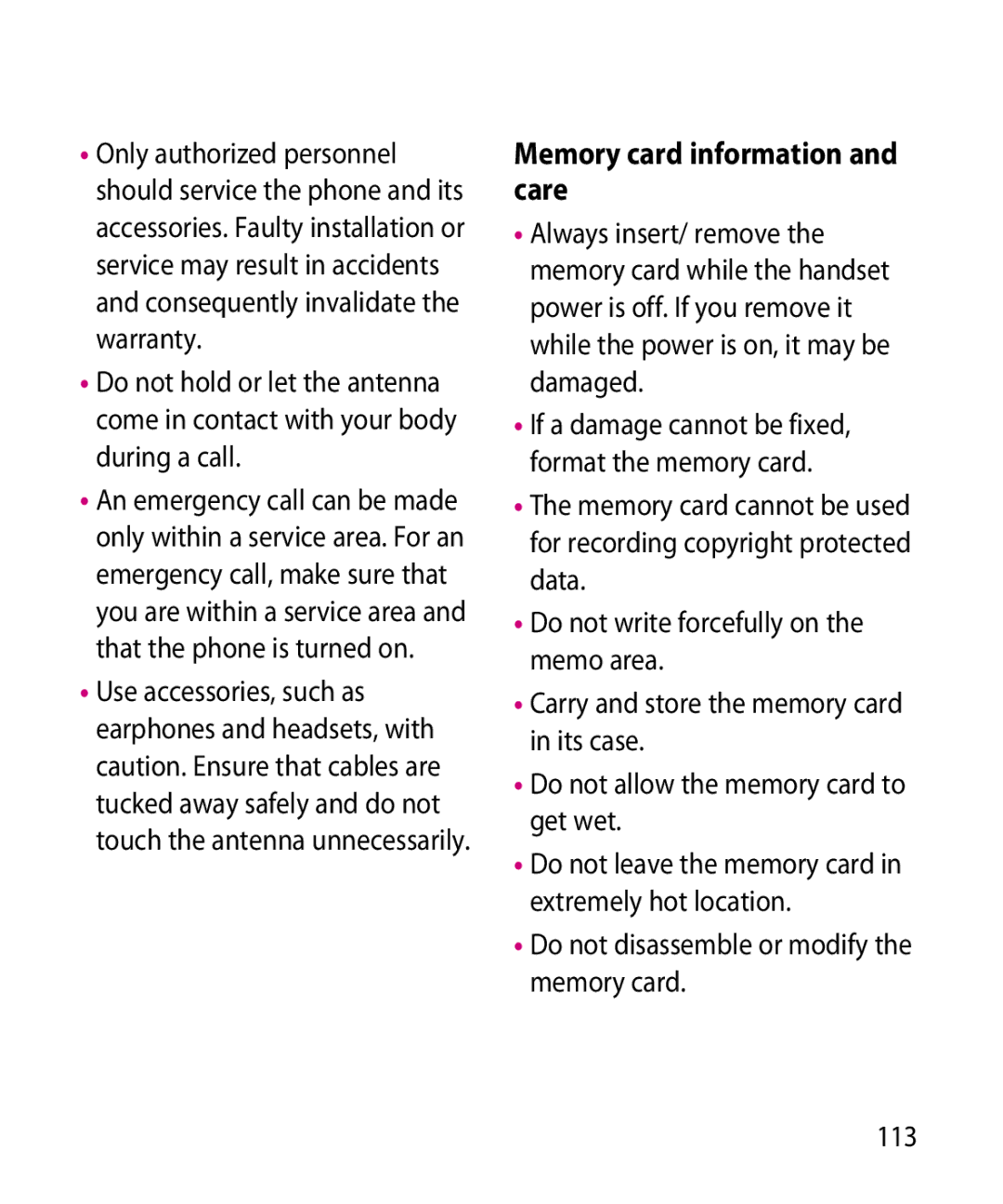 LG Electronics GR501 manual Memory card information and care, Do not disassemble or modify the memory card 113 