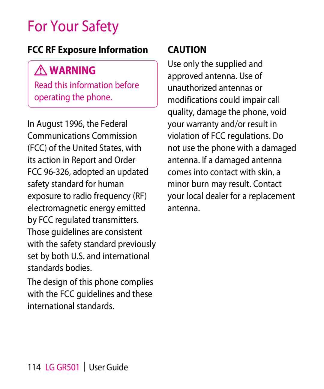 LG Electronics GR501 manual FCC RF Exposure Information, Read this information before operating the phone 