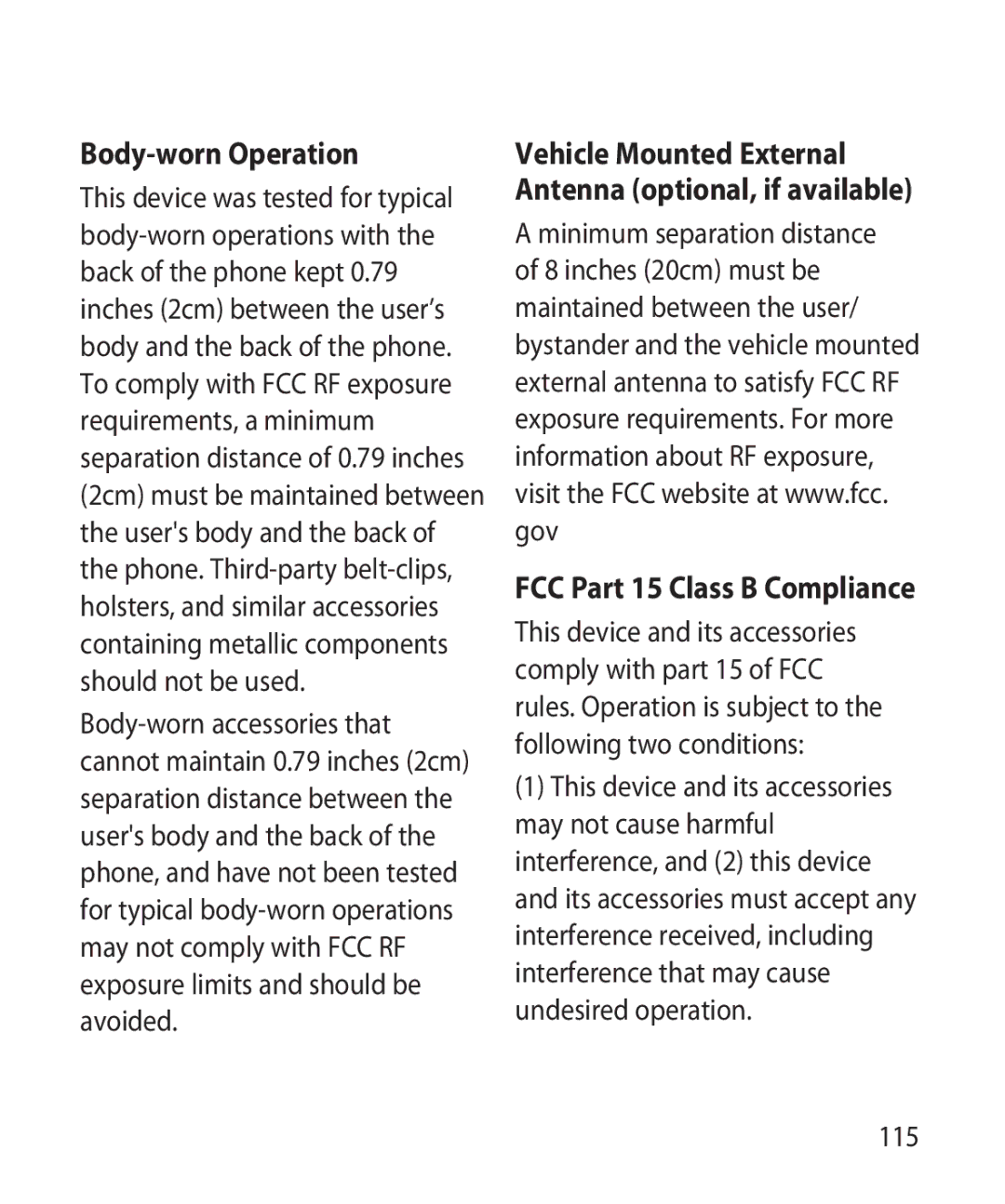 LG Electronics GR501 manual Body-worn Operation, FCC Part 15 Class B Compliance, 115 