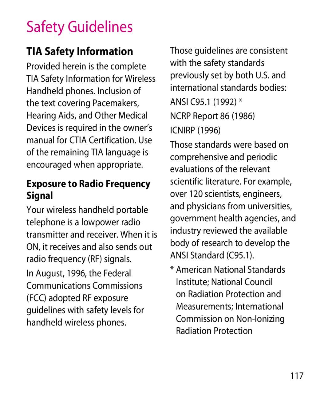 LG Electronics GR501 manual Safety Guidelines, TIA Safety Information, Exposure to Radio Frequency Signal, 117 