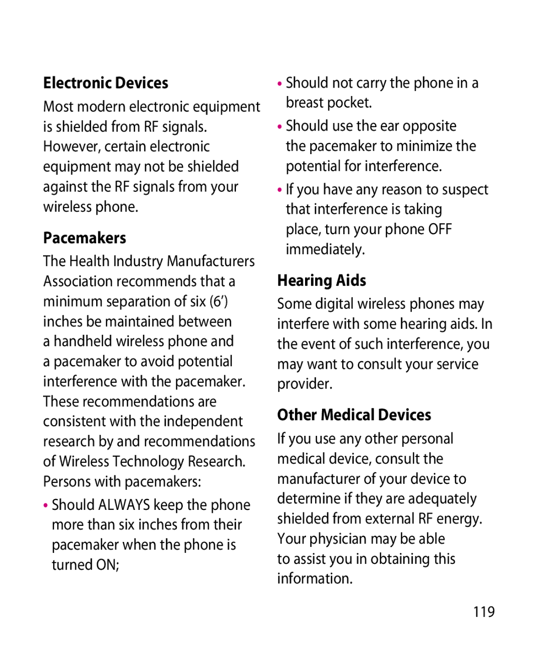 LG Electronics GR501 manual Electronic Devices, Pacemakers, Hearing Aids, Other Medical Devices 