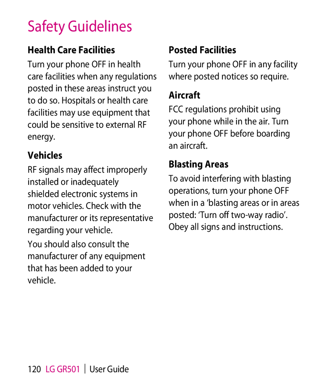 LG Electronics GR501 manual Health Care Facilities, Vehicles, Posted Facilities, Aircraft, Blasting Areas 