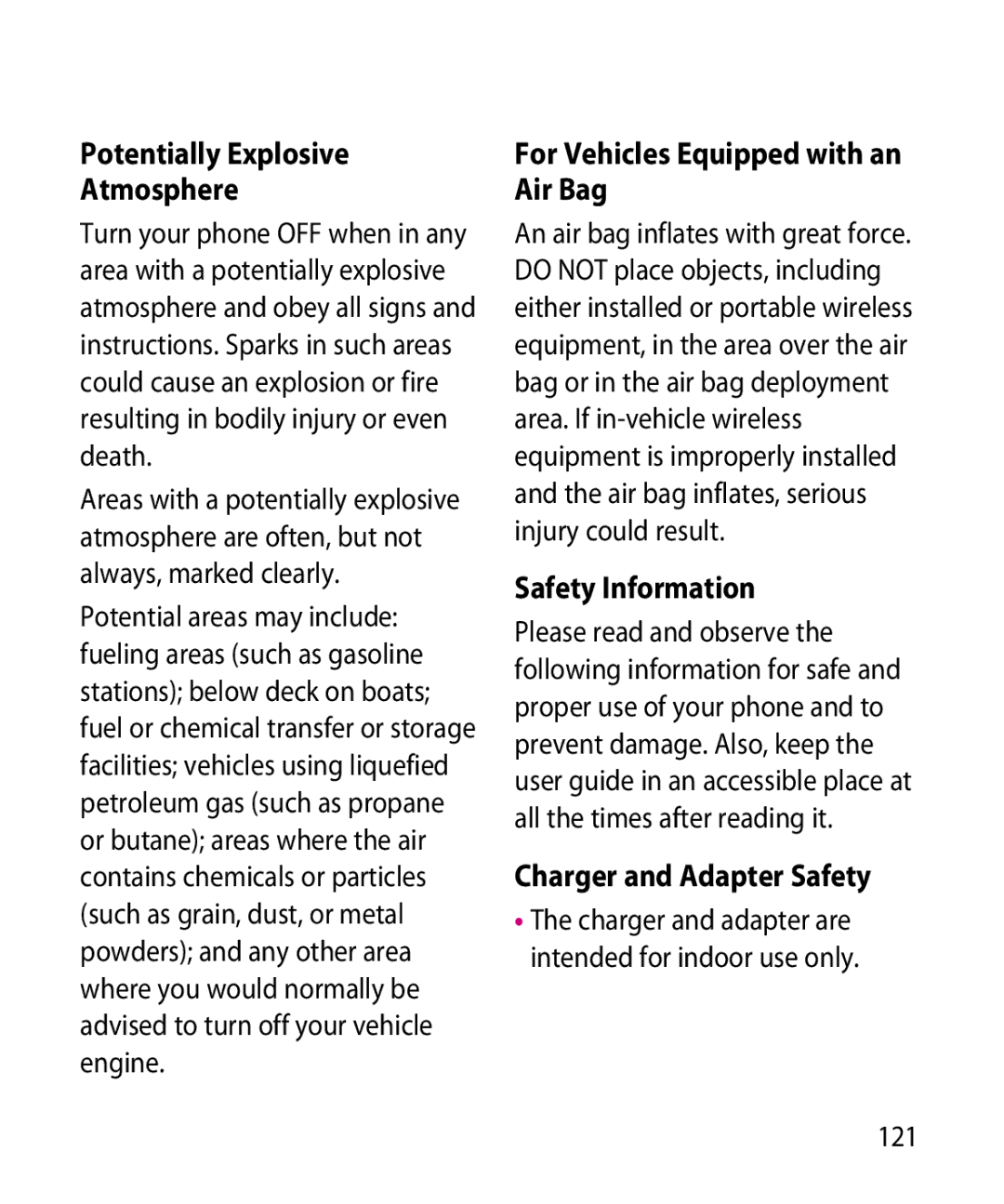 LG Electronics GR501 Potentially Explosive Atmosphere, For Vehicles Equipped with an Air Bag, Charger and Adapter Safety 