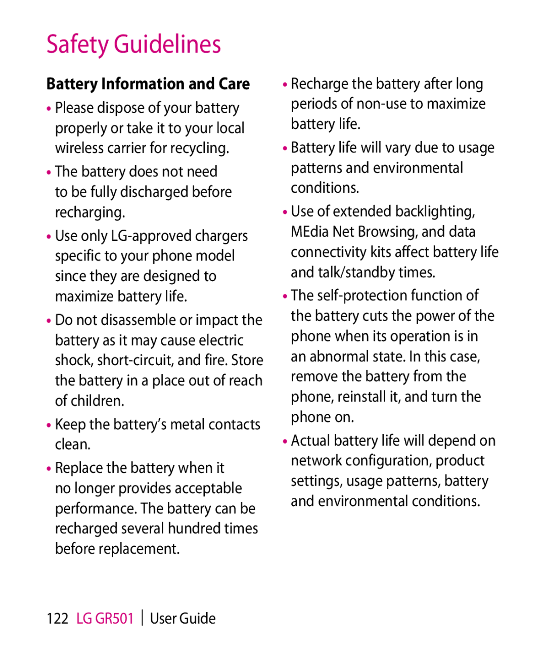 LG Electronics GR501 manual Battery Information and Care 