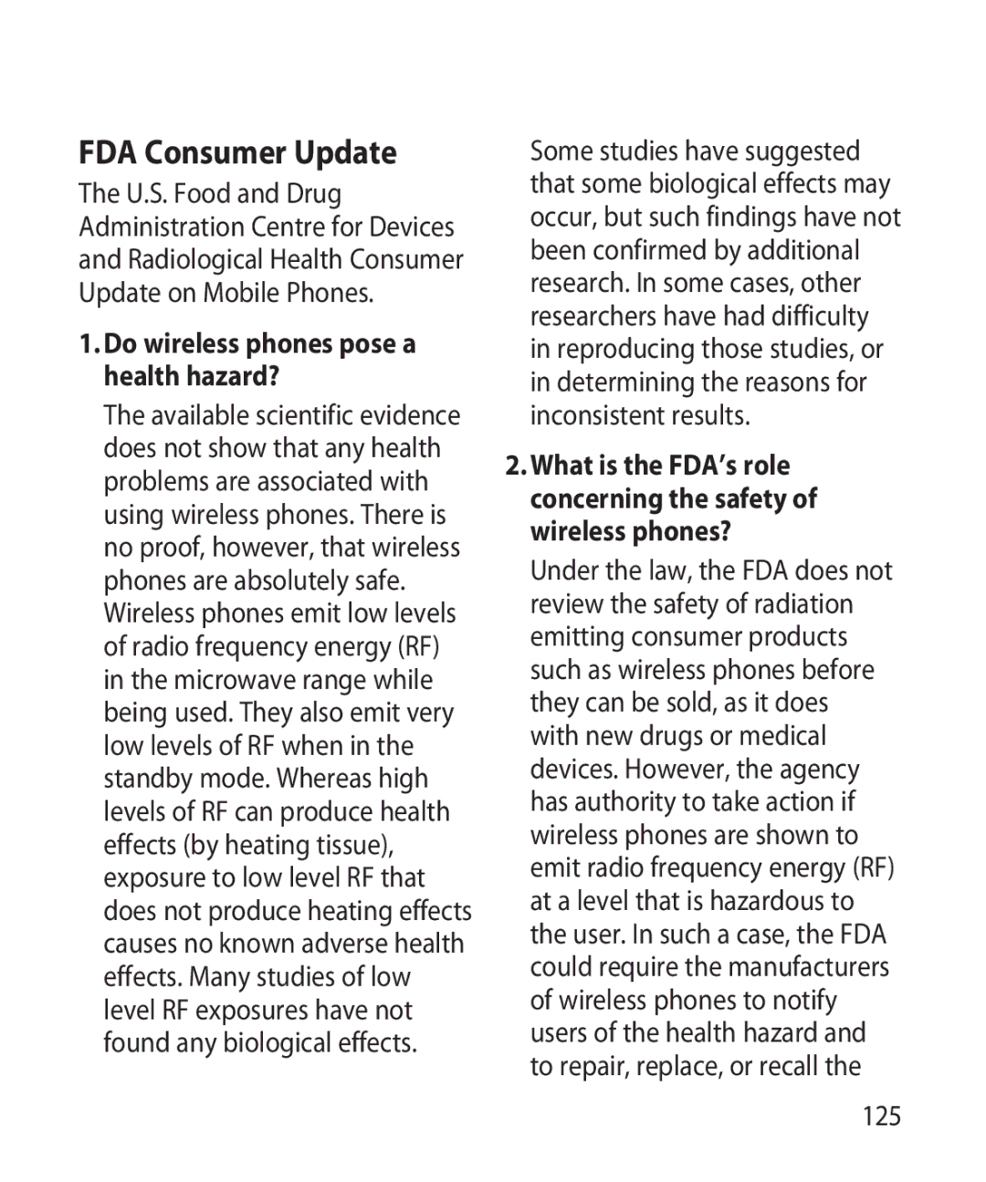 LG Electronics GR501 manual FDA Consumer Update, Do wireless phones pose a health hazard?, 125 