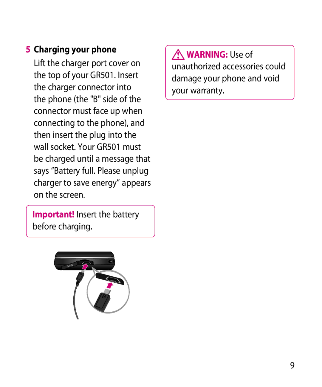 LG Electronics GR501 manual Charging your phone 