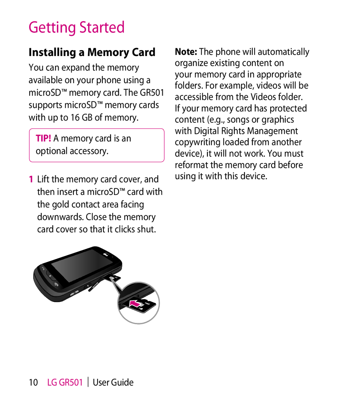 LG Electronics GR501 manual Installing a Memory Card, TIP! a memory card is an optional accessory 