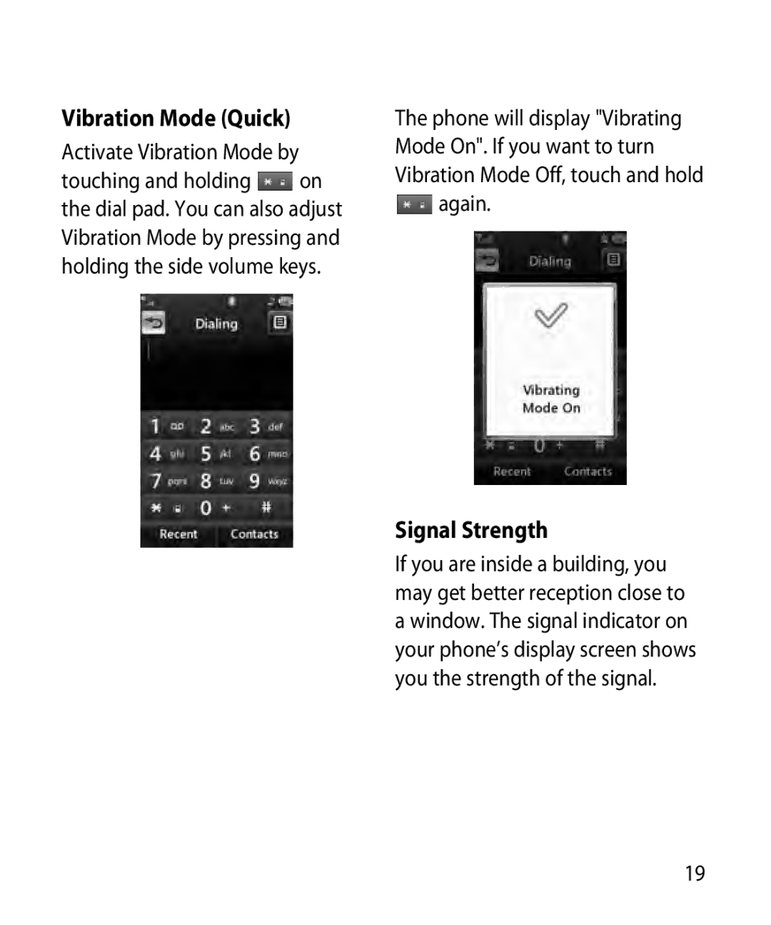 LG Electronics GR501 manual Vibration Mode Quick, Signal Strength, Activate Vibration Mode by 